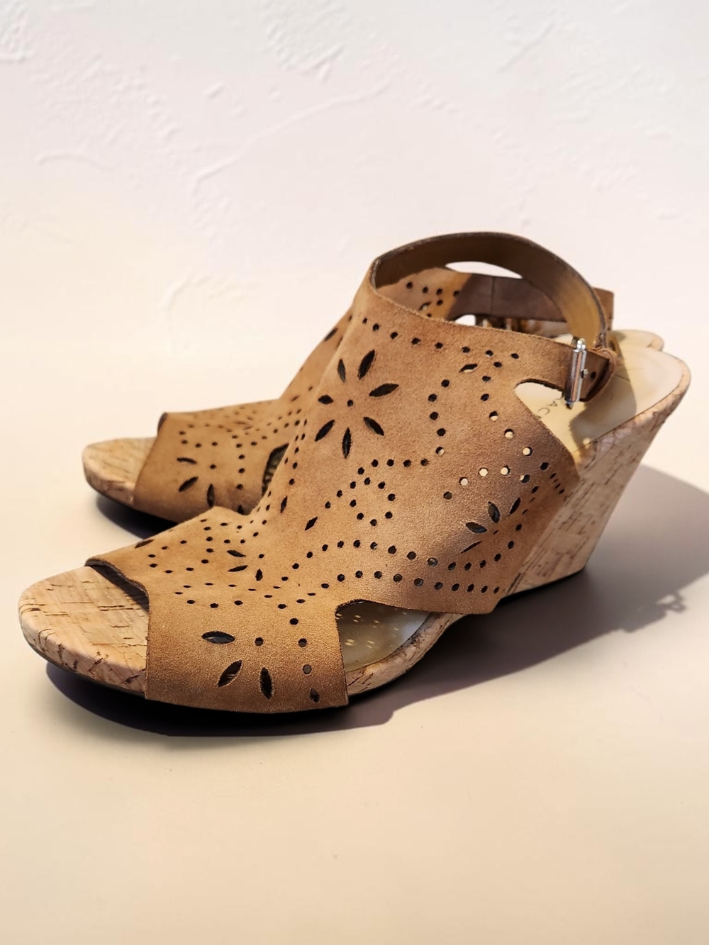 Isaac Mizrahi Tan Laser-Cut Cork Wedge Sandals